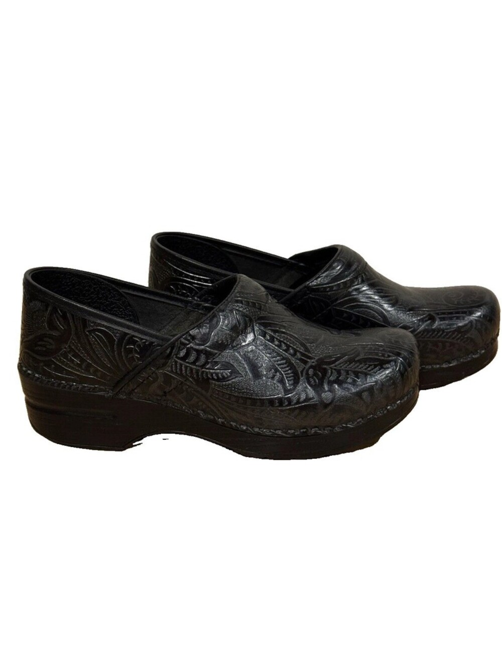 Dansko Professional Clogs EU 40 Black Embossed Floral Leather Womens Shoes